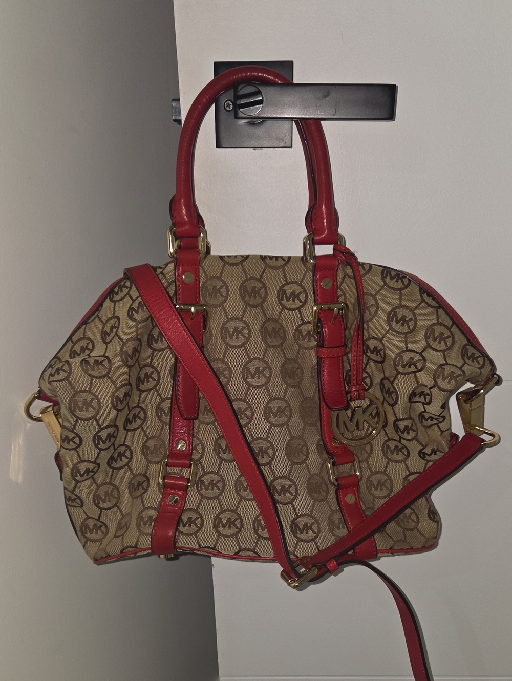 Michael Kors Tan MK Logo Satchel with Red Trim
